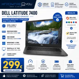 Dell Latitude 7400 Reacondicionado | Intel Core i7 8ª Gen | 8GB RAM | SSD 256GB | Office 2021 y Norton 360 Incluidos por 299€