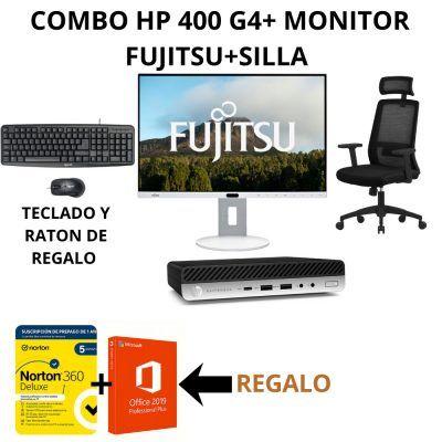 Combo HP 400 G4+ Monitor Fujitsu 24" |SILLA| OFFICE+NORTON REGALO |SILLA|TECLADO Y RATON DE REGALO Reacondicionado con Windows 11 Pro