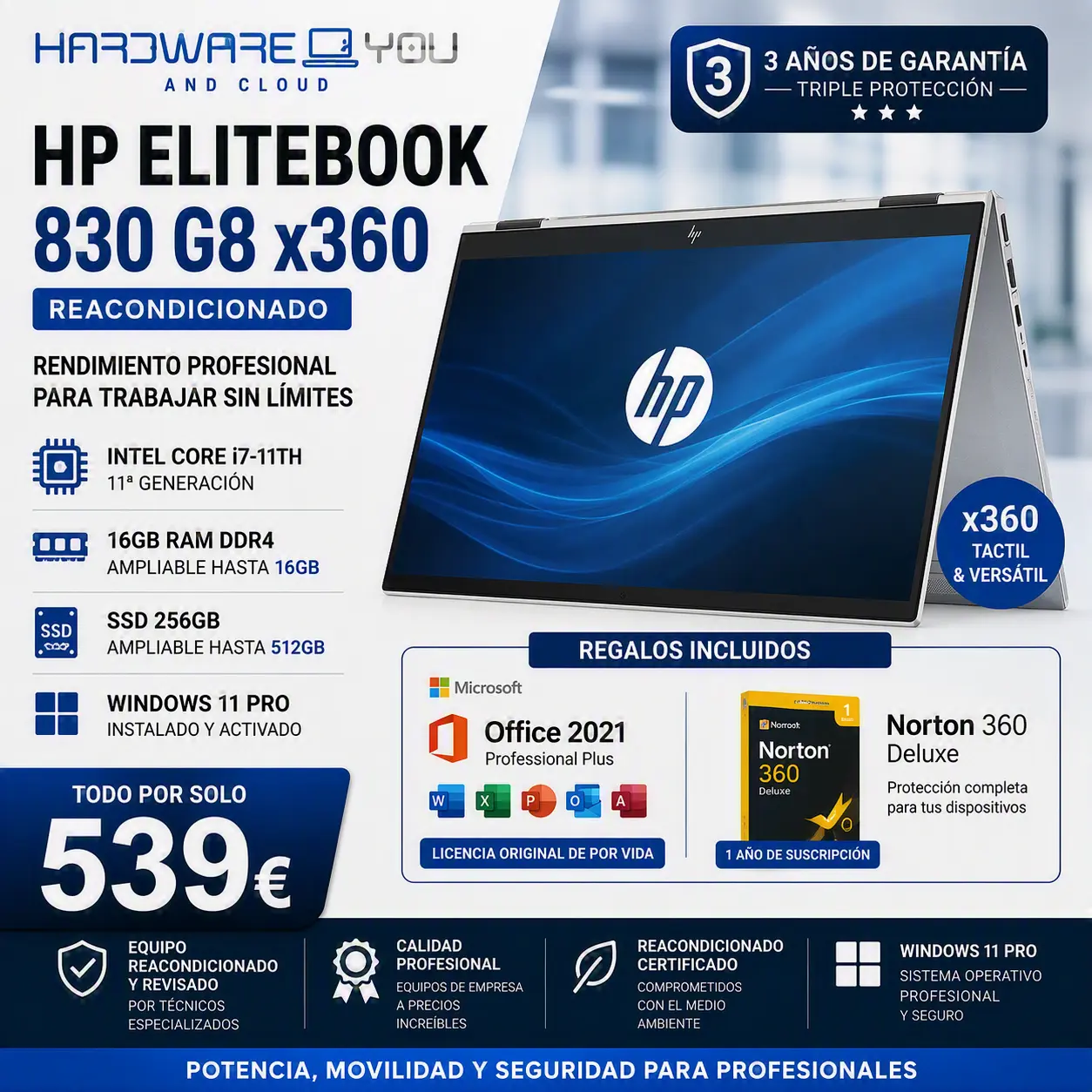 HP EliteBook x360 830 G8 Intel Core i7 de 11ª generación