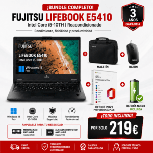 Fujitsu Lifebook E5410 Intel Core i5-10TH Reacondicionado | Office, Maletín y ratón Incluido + Batería nueva.