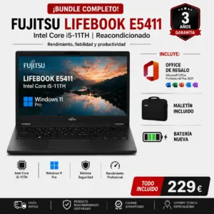 Fujitsu Lifebook E5411 Intel Core i5-11TH Reacondicionado | Office, Maletín y ratón Incluido +Bateria nueva