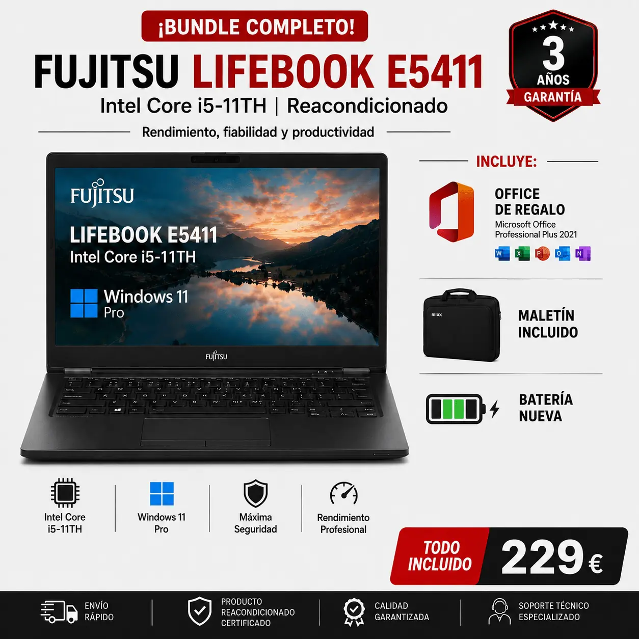Fujitsu Lifebook E5411 Intel Core i5-11TH Reacondicionado | Office, Maletín y ratón Incluido +Bateria nueva