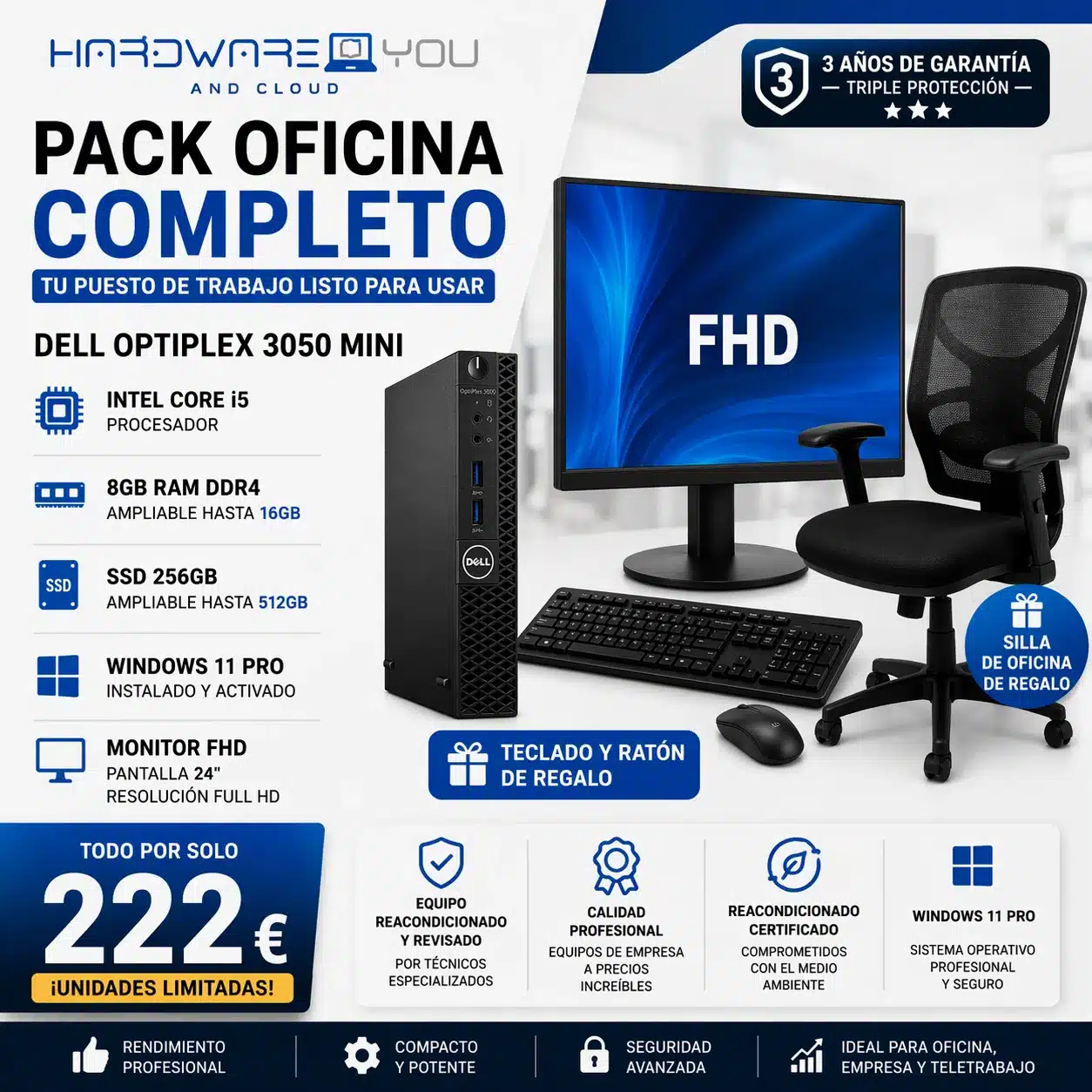 Dell OptiPlex 3050 Mini i5 + Monitor 24” y Silla | 222 €