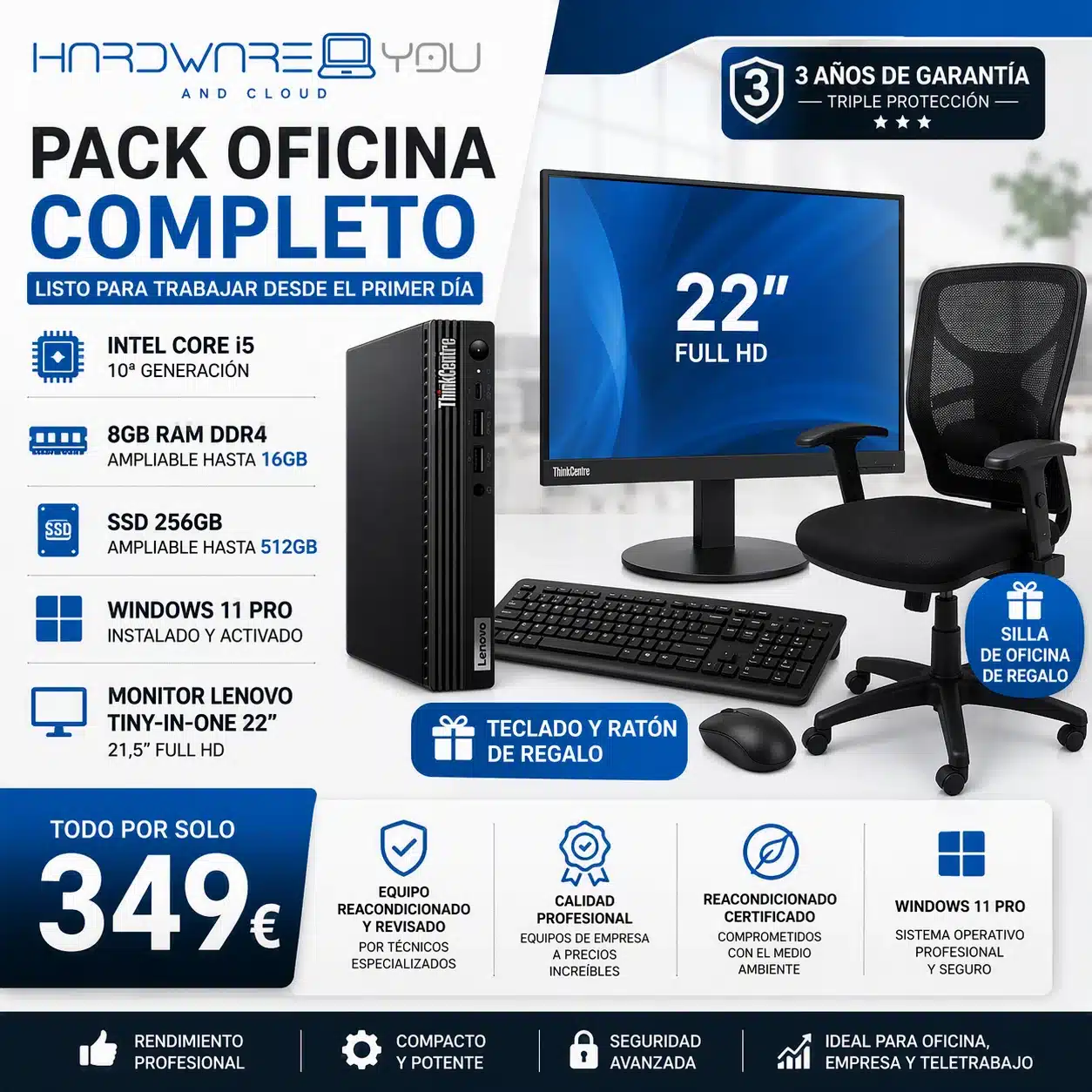 Lenovo ThinkCentre M70Q Tiny Reacondicionado + Monitor Lenovo Tiny-In-One 22" | Pack Completo con Garantía 3 Años por 349€
